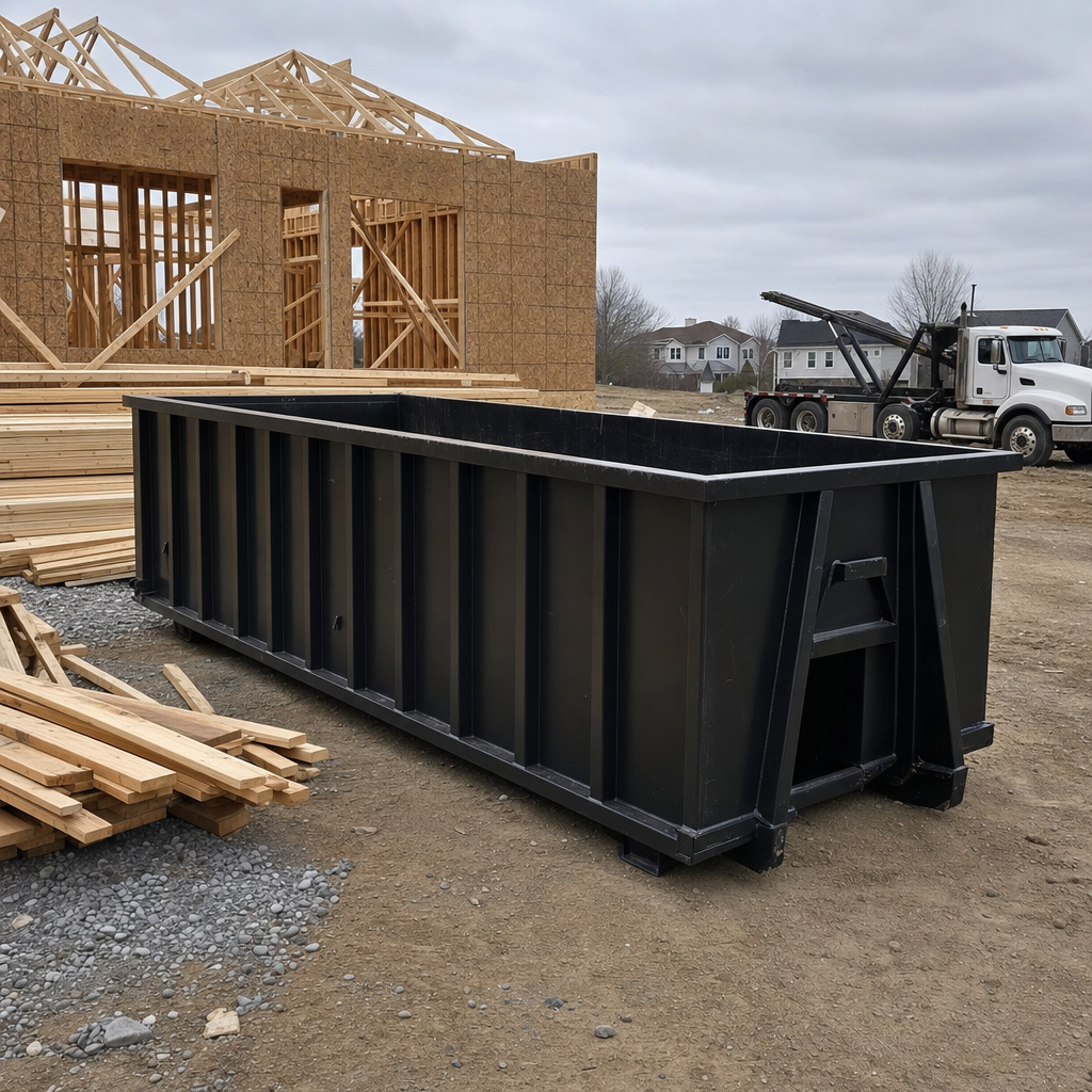 Matte-black 40-yard roll-off dumpster staged on a framed-out residential construction site in Niceville, framing lumber stacked nearby, hooklift delivery truck visible in the background under bright Colorado daylight