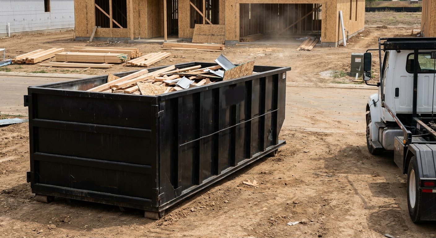 Matte-black 20-yard roll-off construction dumpster with heavy ribbed steel sidewalls and swing rear doors at a working jobsite in Niceville, sitting directly on compacted dirt with an unmarked white hauler partially visible at the far edge of the frame.