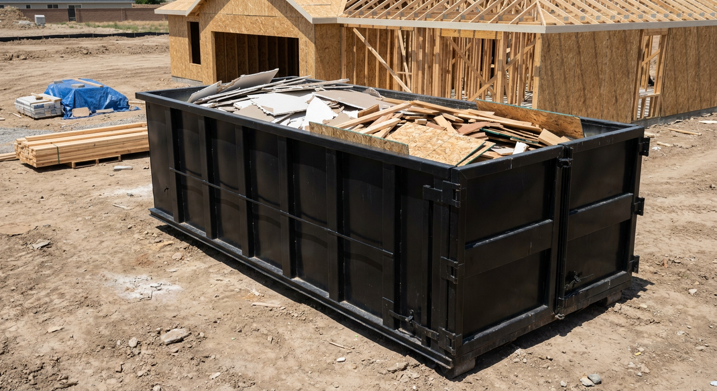 Matte-black 30-yard roll-off construction dumpster sitting directly on the compacted-dirt site of a framed single-family home build in Niceville, drywall and lumber scrap loaded inside.