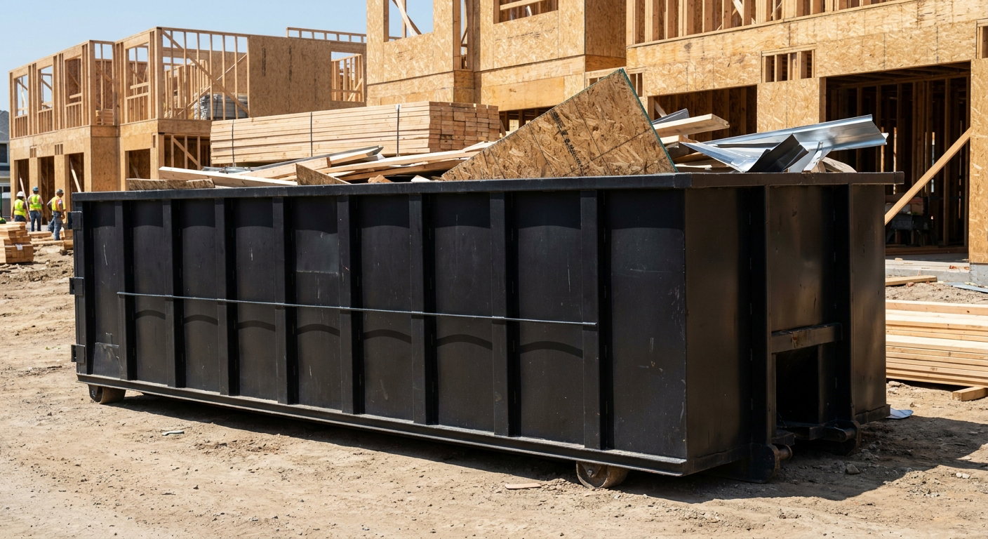 Matte-black 40-yard roll-off construction dumpster being lowered from a white-cab hooklift delivery truck onto the compacted-dirt jobsite at a commercial build site in Niceville