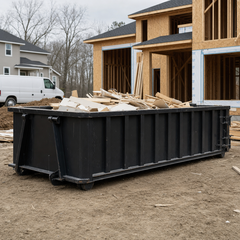 Worker in a yellow high-visibility vest tossing framing lumber and broken drywall into a matte-black 30-yard construction roll-off dumpster on an active build site in Niceville, bright daylight