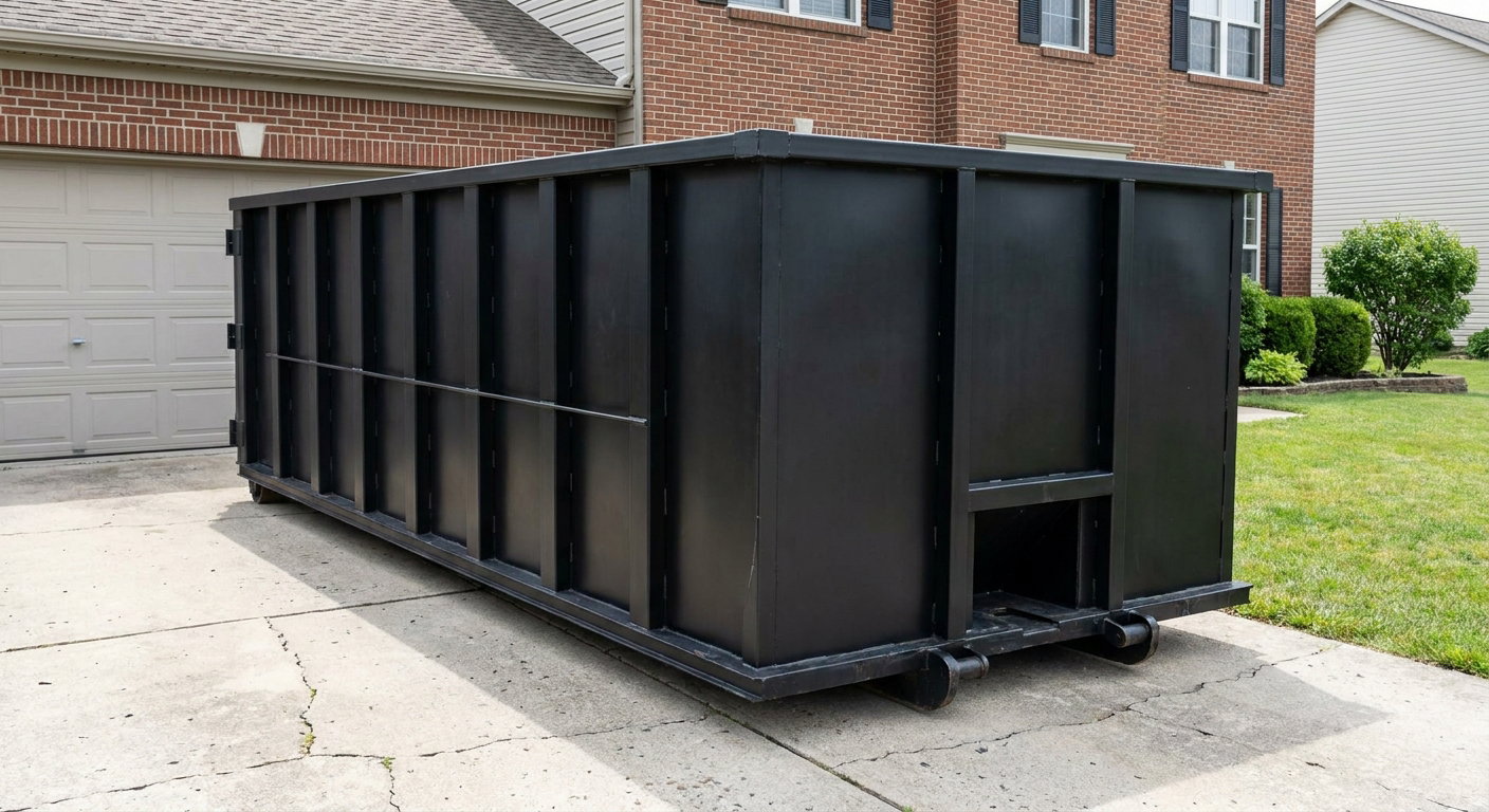 Matte-black 20-yard roll-off container on a Niceville residential concrete driveway with reinforced ribbed steel sidewalls and a hinged rear walk-in door, clean bright daylight.