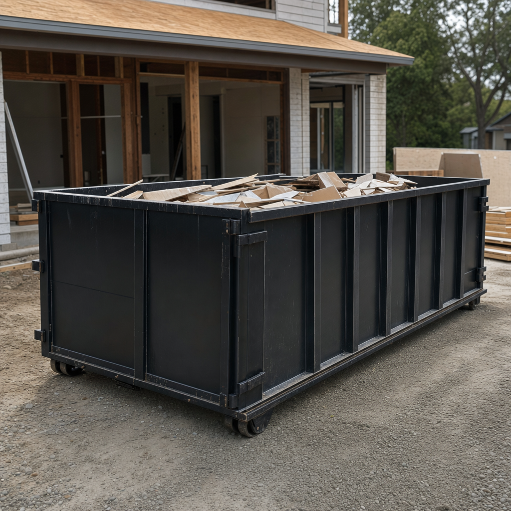 Large matte-black 30-yard construction roll-off dumpster at an active Niceville jobsite, steel-gray top rails and bottom rollers visible, loaded with construction debris.
