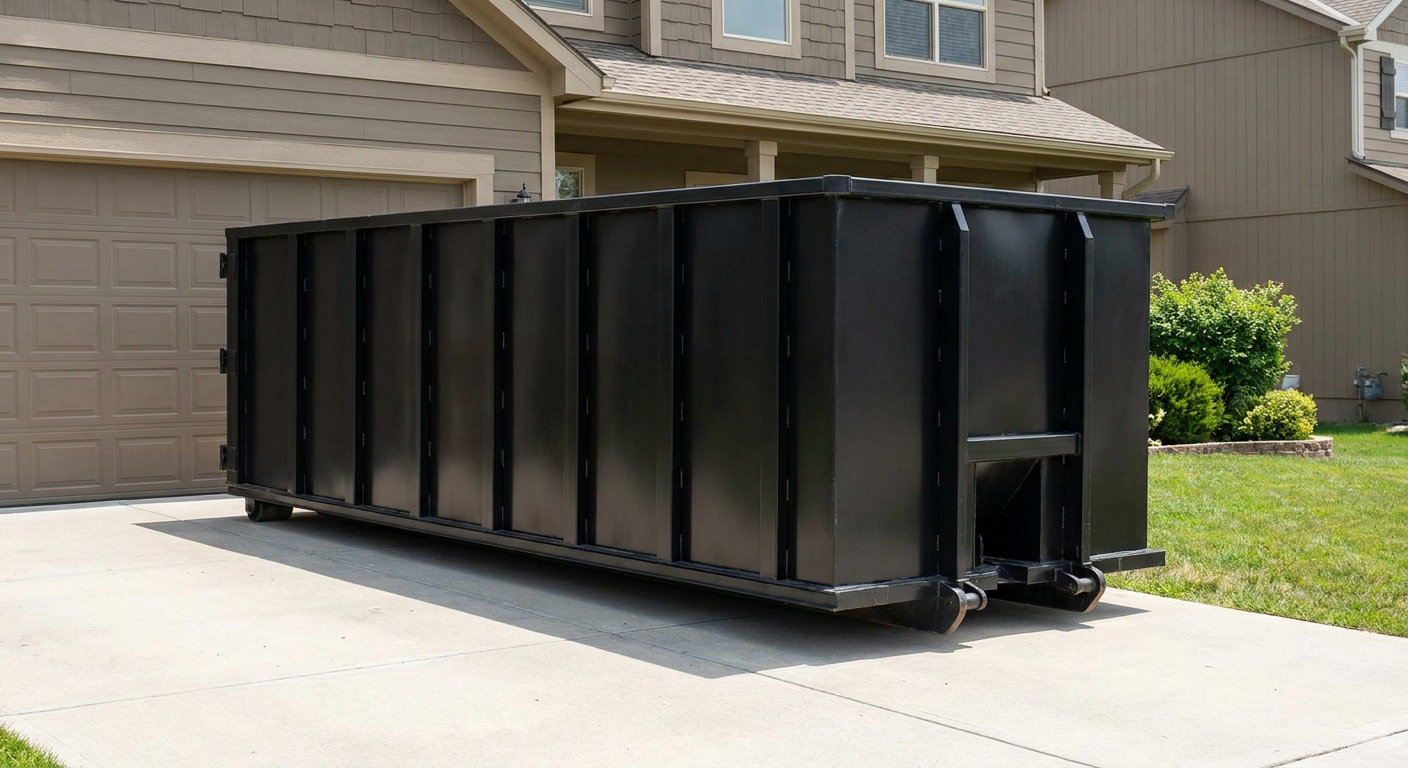 Matte-black residential roll-off dumpster sitting directly on a suburban Niceville concrete driveway, garage door closed, single-family home in background, bright morning daylight.