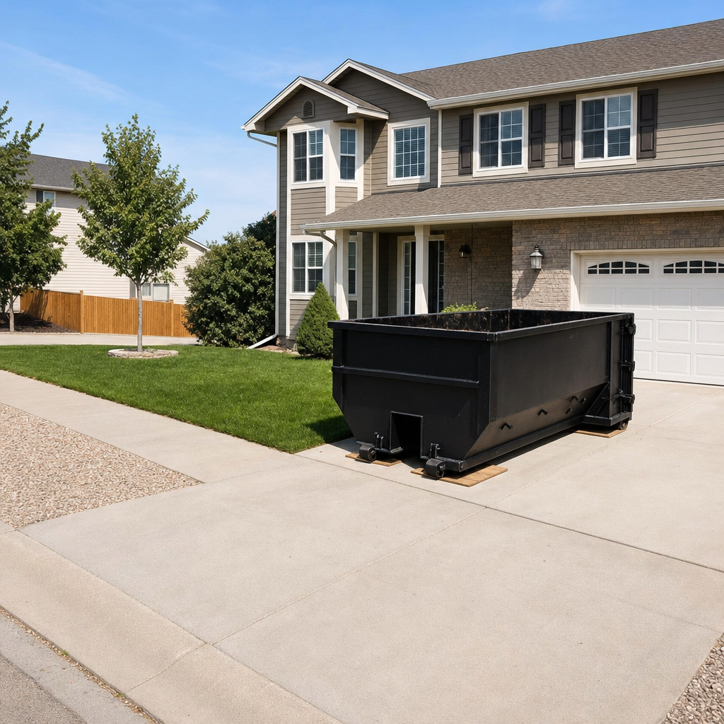 10-yard matte-black residential dumpster placed directly on a narrow Niceville concrete driveway, room remains for a parked sedan beside it, mid-morning natural light