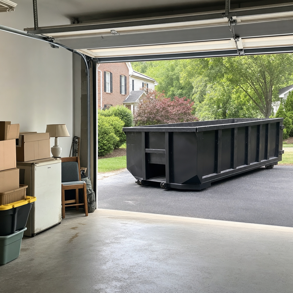 Open garage interior in a Niceville home mid-cleanout — boxed items, an old appliance, and stacked yard tools queued near the driveway for a matte-black roll-off dumpster, organized and calm