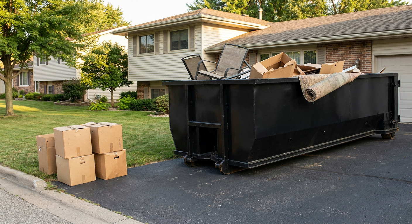 Front-yard view of a Niceville split-level home with a 20-yard matte-black roll-off dumpster sitting directly on the asphalt driveway, a few clearly labeled donation boxes staged at the curb, calm sunny afternoon.