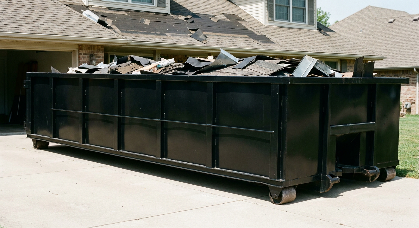 Matte-black 20-yard roofing roll-off dumpster with steel ribbed sides and swinging rear door, sitting directly on the concrete driveway of a two-story Niceville home, asphalt shingle debris being loaded over the low wall, clean documentary lighting.