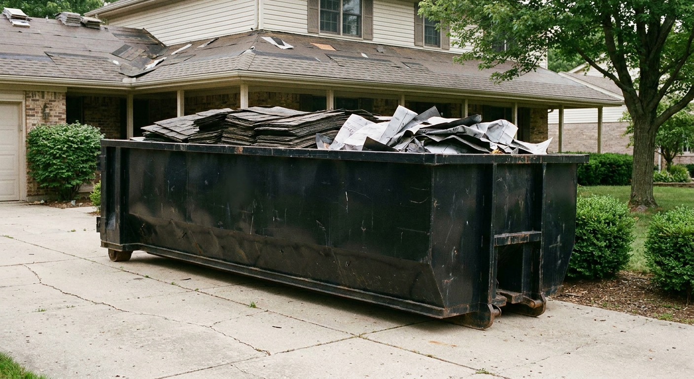 Matte-black 30-yard roofing roll-off dumpster sitting directly on a Niceville concrete driveway, taller ribbed steel side panels, mixed tear-off debris of asphalt shingles and underlayment inside, professional documentary daylight.