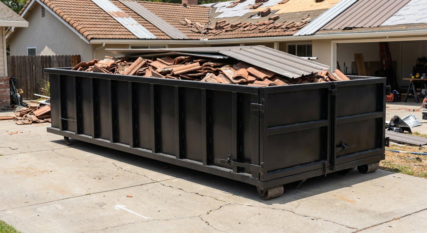 Matte-black low-wall heavy-debris roofing roll-off dumpster sitting directly on a Niceville concrete driveway, broken concrete clay roof tiles and metal panel sections loaded inside, reinforced ribbed steel side walls visible, bright outdoor daylight.