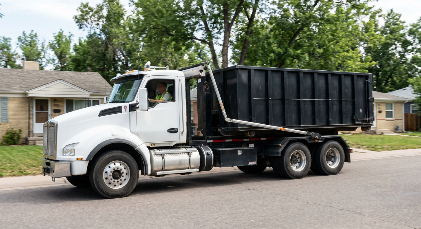A wide documentary shot of a matte-black roll-off delivery truck pulling onto a quiet Niceville residential street at mid-morning, with neighborhood rooftops and tree-lined blocks visible behind, showing the metro coverage footprint.