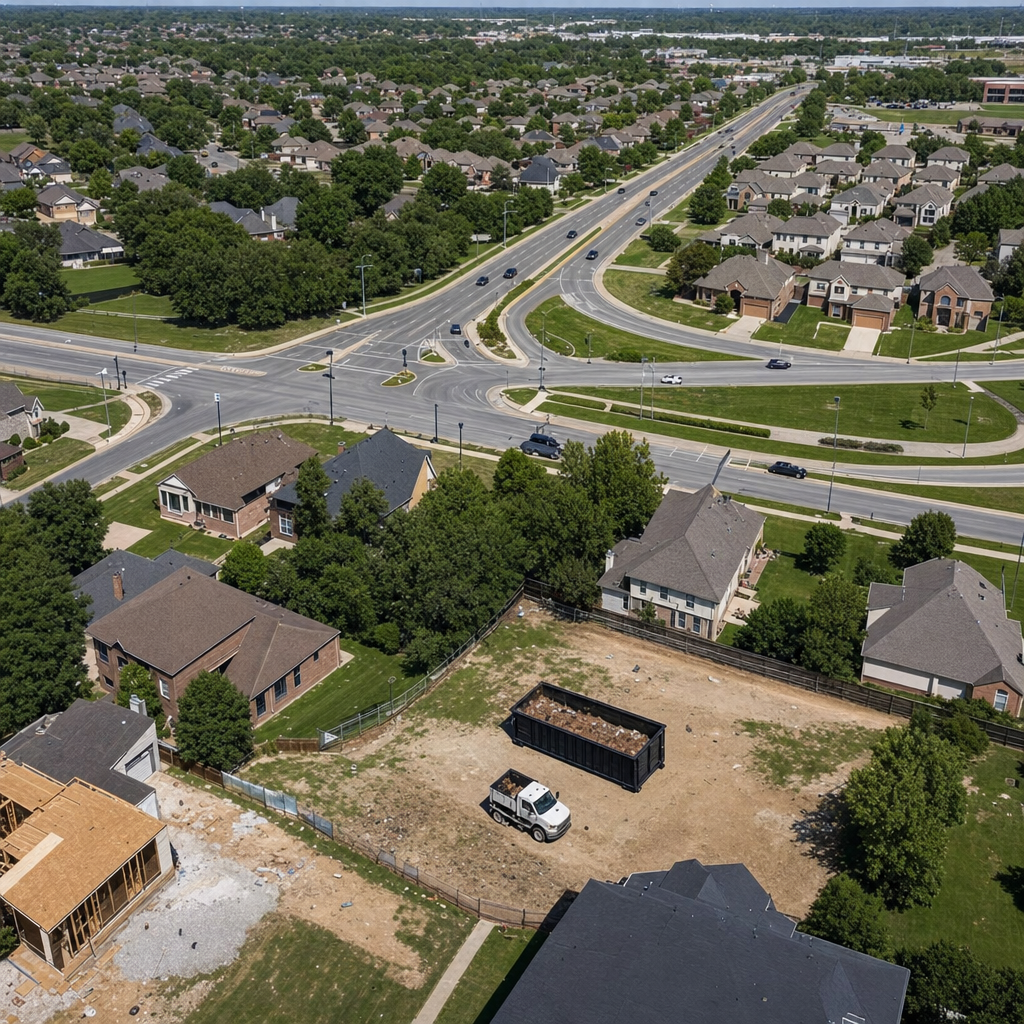 An overhead documentary view of the Niceville metro area at midday, showing the spread of neighborhoods, arterial roads, and the dispatch radius from a central yard — clean daylight, organized geographic layout.