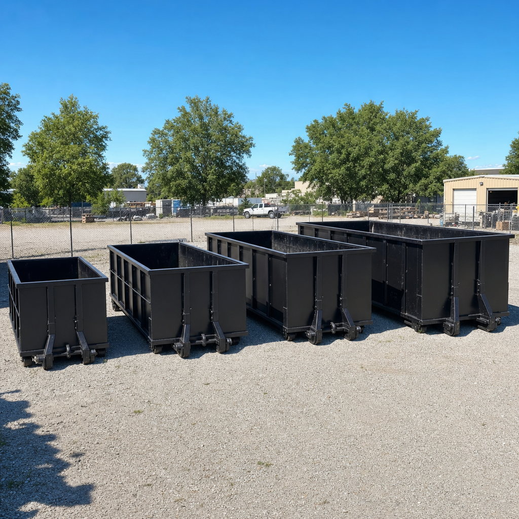 A clean lineup of matte-black roll-off dumpsters in 10, 20, 30, and 40-yard sizes staged on a sunlit gravel yard in Niceville, showing the size progression from compact to commercial-scale containers.
