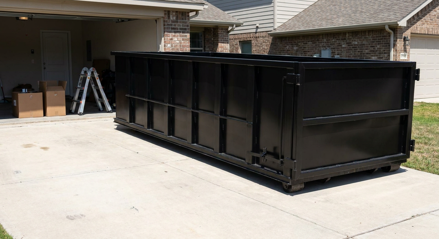 A matte-black 10-yard roll-off dumpster sitting directly on a residential Niceville concrete driveway, mid-day sunlight, clean and ready for a garage cleanout.