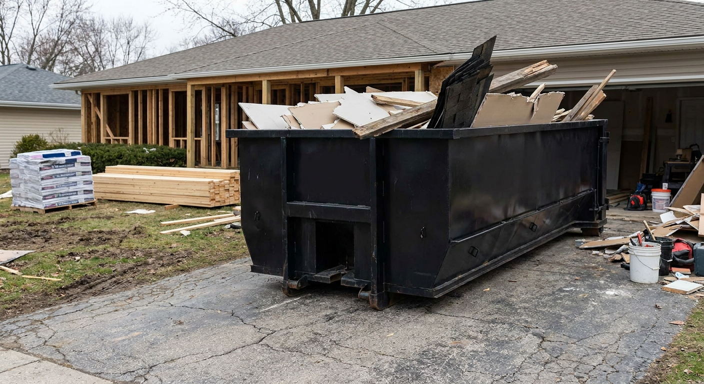 A matte-black 20-yard roll-off dumpster placed alongside a mid-renovation Niceville home directly on the asphalt driveway, with framing materials and torn-off shingles staged neatly nearby.