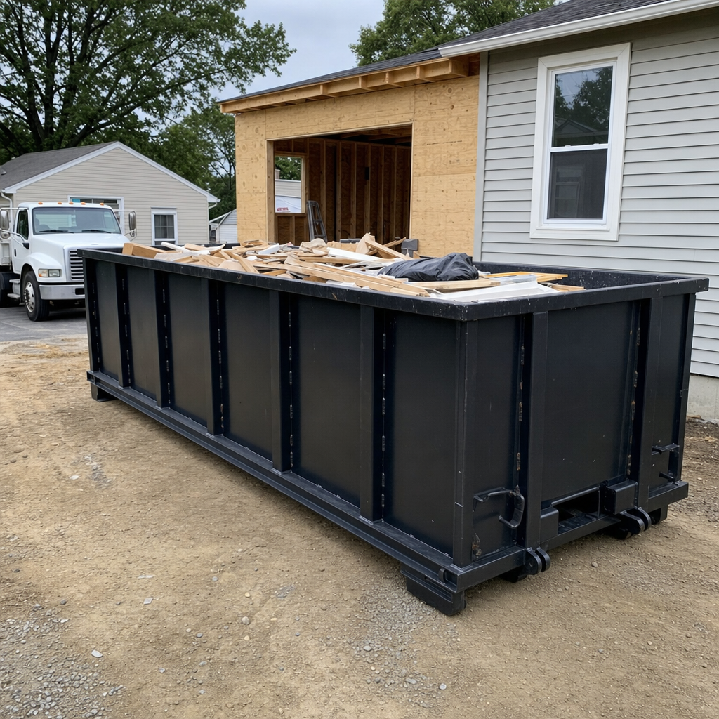 A matte-black 30-yard roll-off dumpster positioned at a Niceville residential addition jobsite, with framing lumber and drywall scraps loaded through the open swinging rear doors.