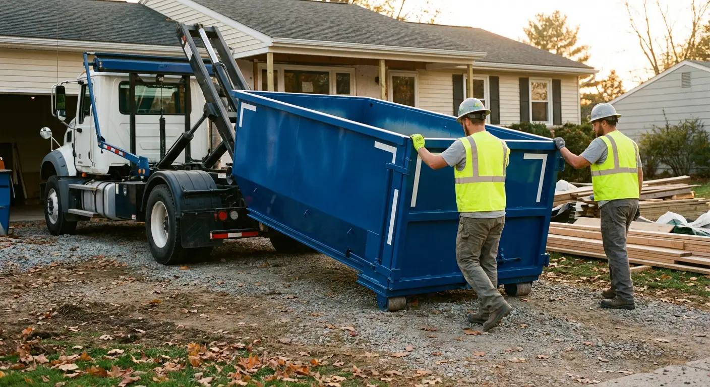 Construction dumpster delivery truck in action in Niceville, FL